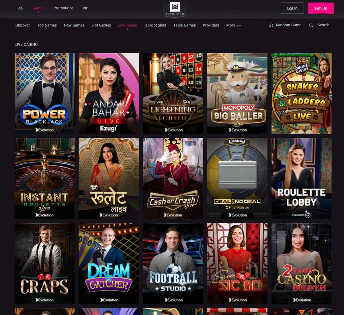 PlayGrand Casino desktop live casino screenshot showing real-dealer tables including roulette, blackjack and baccarat with lobby navigation - tested