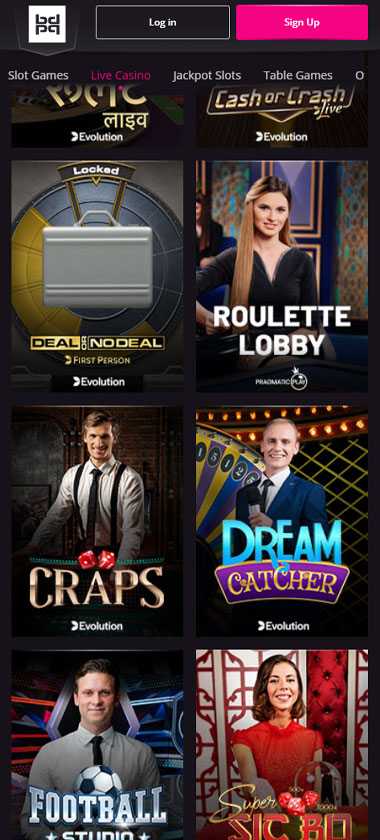 PlayGrand Casino mobile live casino screenshot showing real-dealer tables including roulette, blackjack and baccarat on smartphone interface - tested