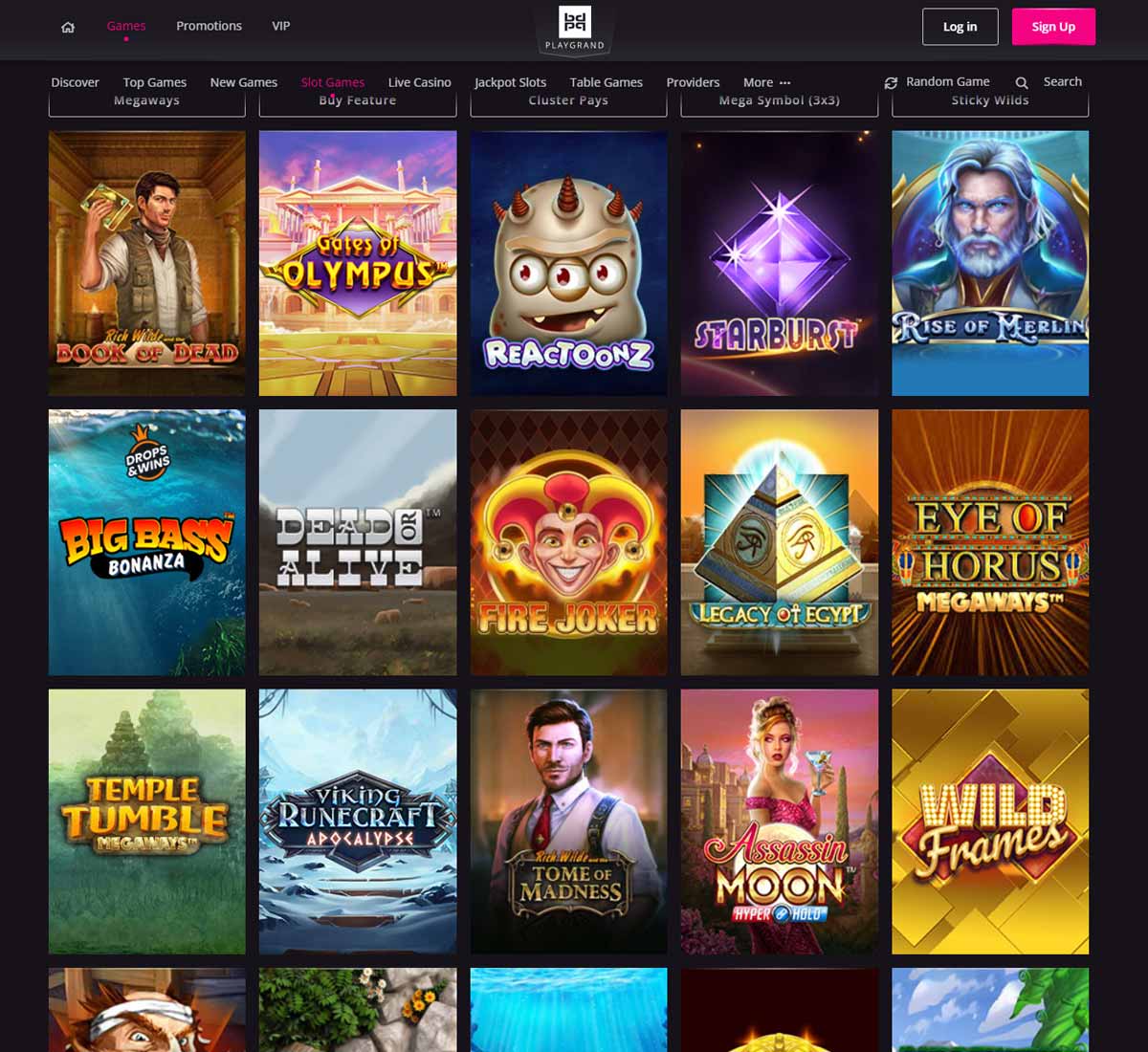PlayGrand Casino desktop slots screenshot showing slot game categories, featured titles and filtering options - tested