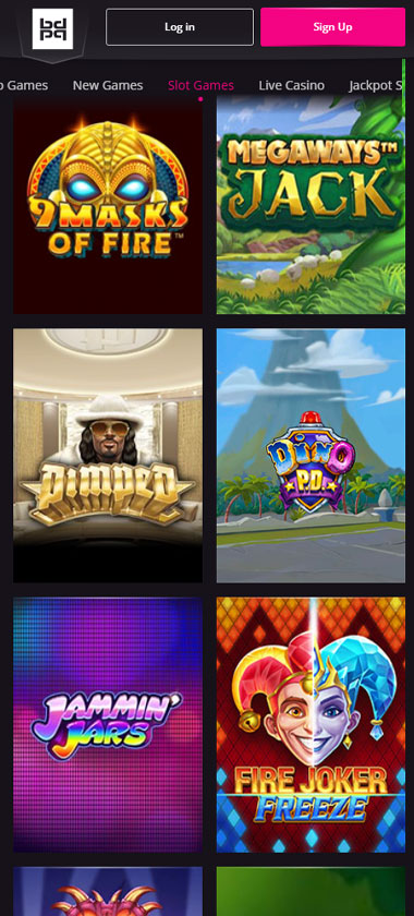 PlayGrand Casino mobile slots screenshot showing slot game categories, featured titles and navigation on smartphone interface - tested