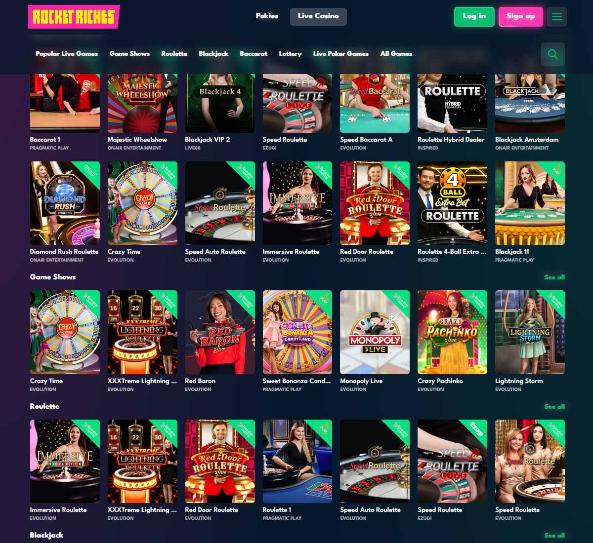 Rocket Riches Casino desktop live casino screenshot showing real-dealer tables including roulette, blackjack and baccarat with lobby navigation - tested Rocket Riches Casino desktop live casino screenshot showing real-dealer tables including roulette, blackjack and baccarat with lobby navigation - tested