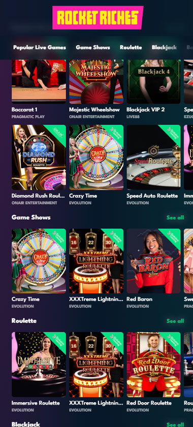 Rocket Riches Casino mobile live casino screenshot showing real-dealer tables including roulette, blackjack and baccarat on smartphone interface - tested Rocket Riches Casino mobile live casino screenshot showing real-dealer tables including roulette, blackjack and baccarat on smartphone interface - tested