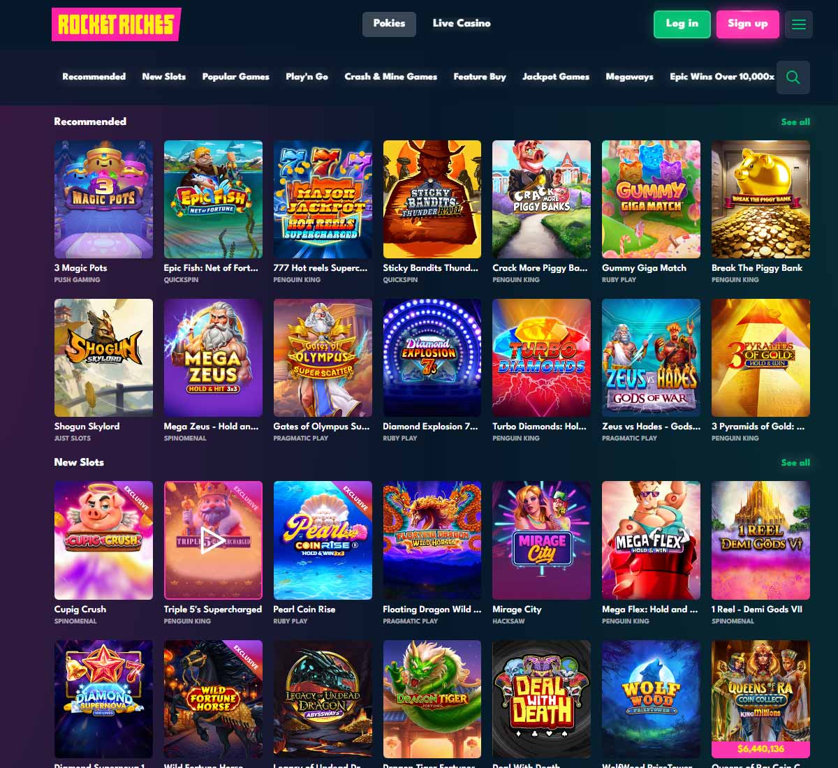 Rocket Riches Casino desktop slots screenshot showing slot game categories, featured titles and filtering options - tested Rocket Riches Casino desktop slots screenshot showing slot game categories, featured titles and filtering options - tested