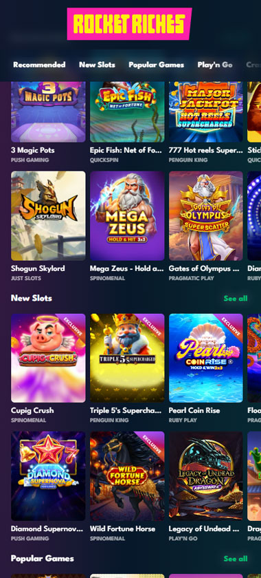 Rocket Riches Casino mobile slots screenshot showing slot game categories, featured titles and navigation on smartphone interface - tested Rocket Riches Casino mobile slots screenshot showing slot game categories, featured titles and navigation on smartphone interface - tested