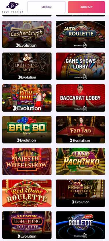 Slot Planet Casino mobile live casino screenshot showing real-dealer tables including roulette, blackjack and baccarat on smartphone interface - tested