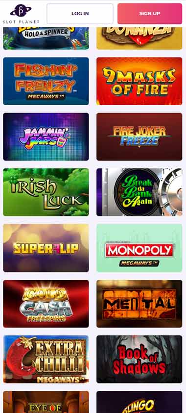 Slot Planet Casino mobile slots screenshot showing slot game categories, featured titles and navigation on smartphone interface - tested