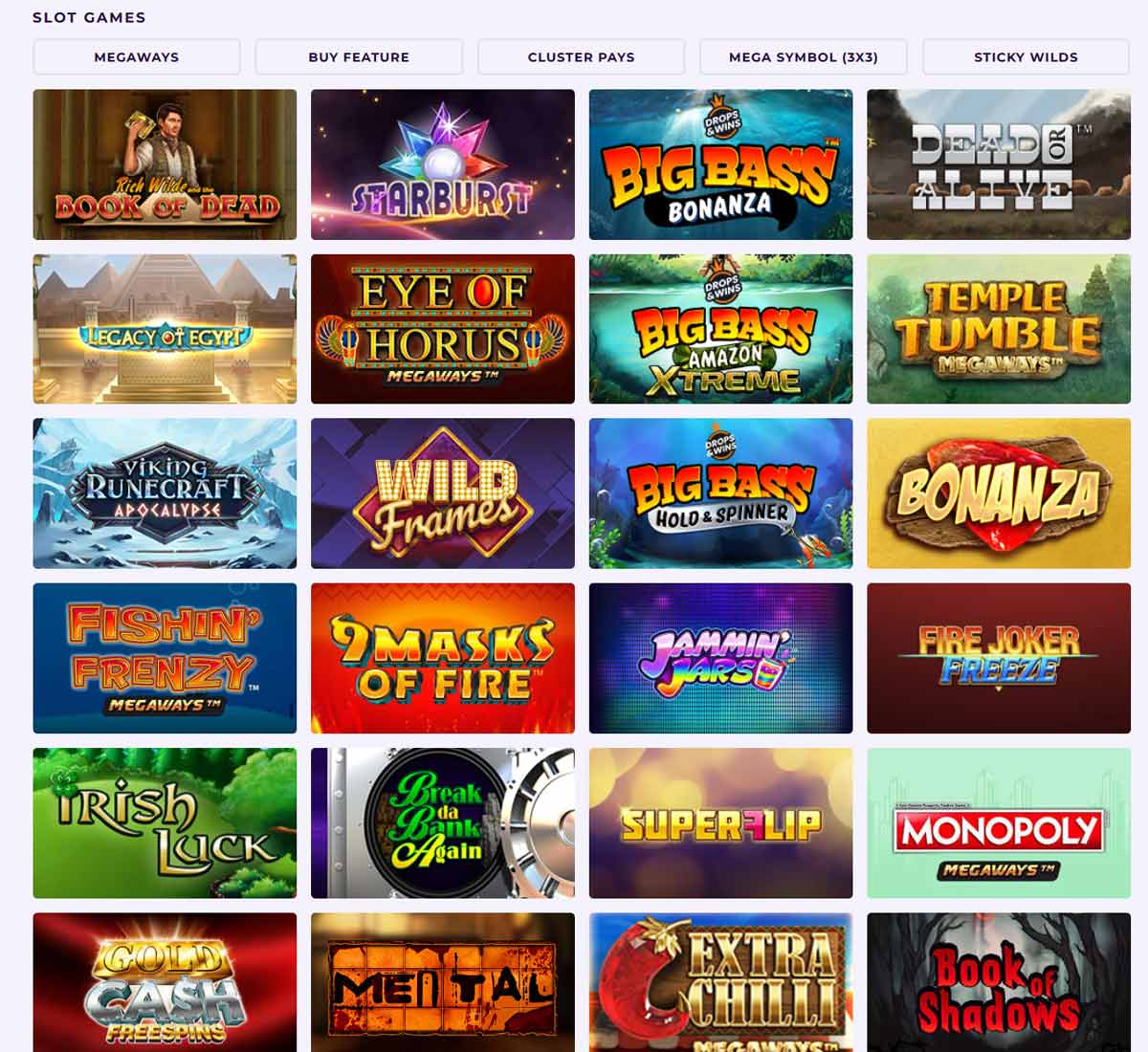 Slot Planet Casino desktop slots screenshot showing slot game categories, featured titles and filtering options - tested