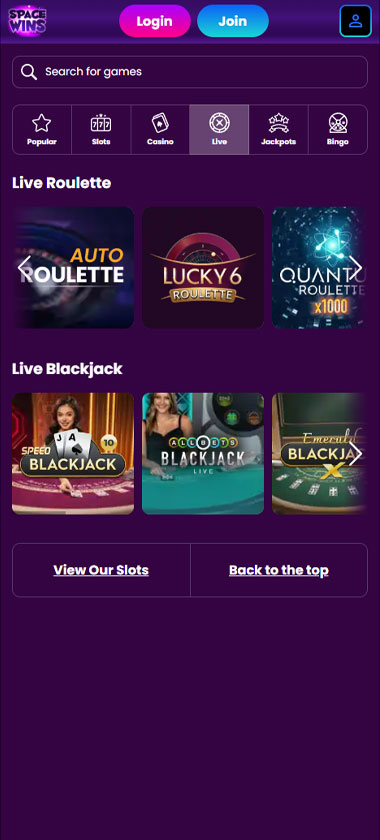 Space Wins Casino mobile live casino screenshot showing real-dealer tables including roulette, blackjack and baccarat on smartphone interface - tested