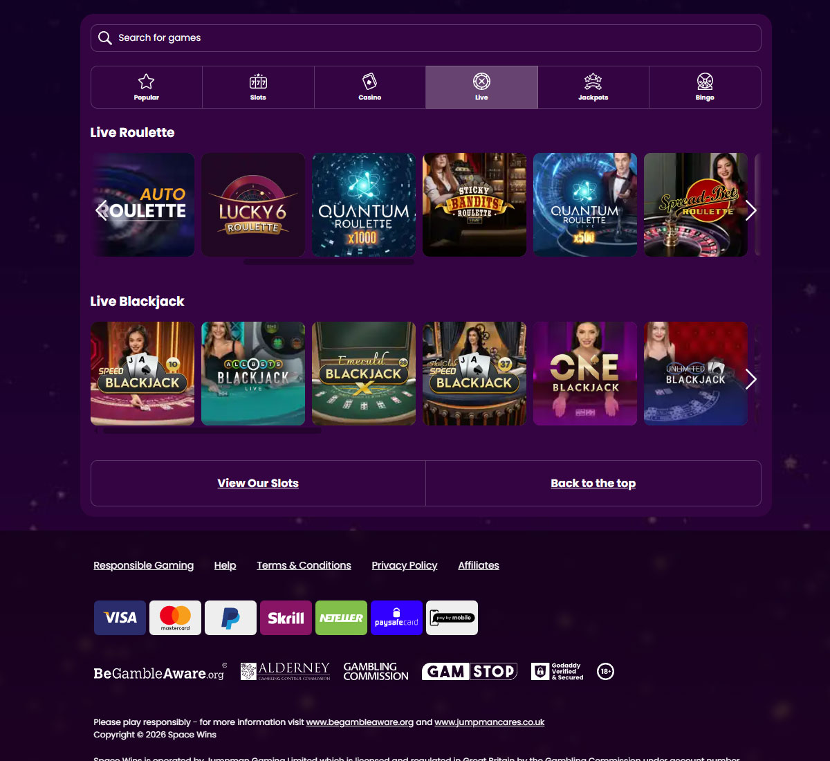 Space Wins Casino desktop live casino screenshot showing real-dealer tables including roulette, blackjack and baccarat with lobby navigation - tested