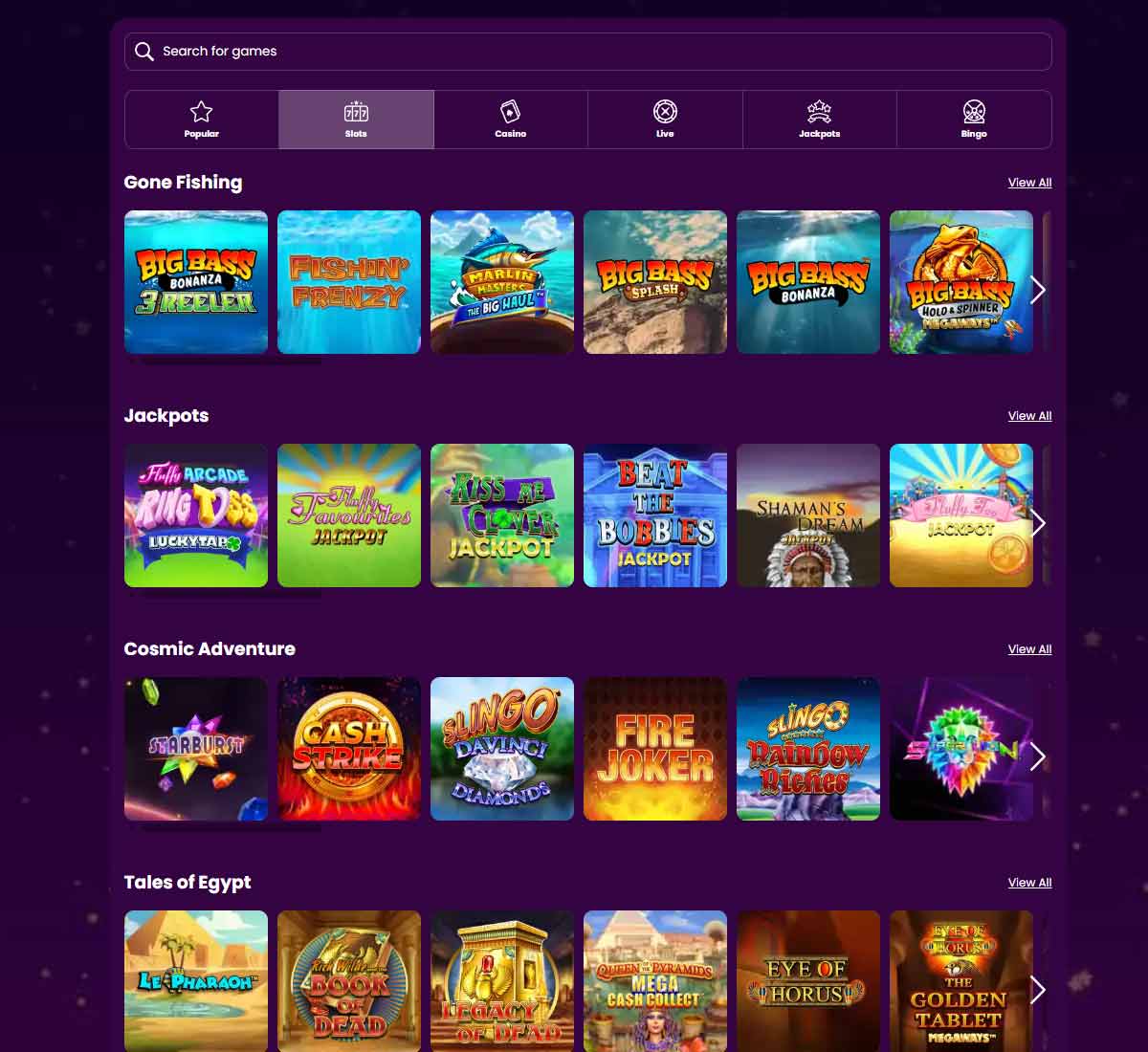 Space Wins Casino desktop slots screenshot showing slot game categories, featured titles and filtering options - tested