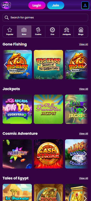 Space Wins Casino mobile slots screenshot showing slot game categories, featured titles and navigation on smartphone interface - tested