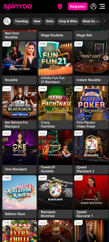 SpinYoo Casino mobile live casino screenshot showing real-dealer tables including roulette, blackjack and baccarat on smartphone interface - tested