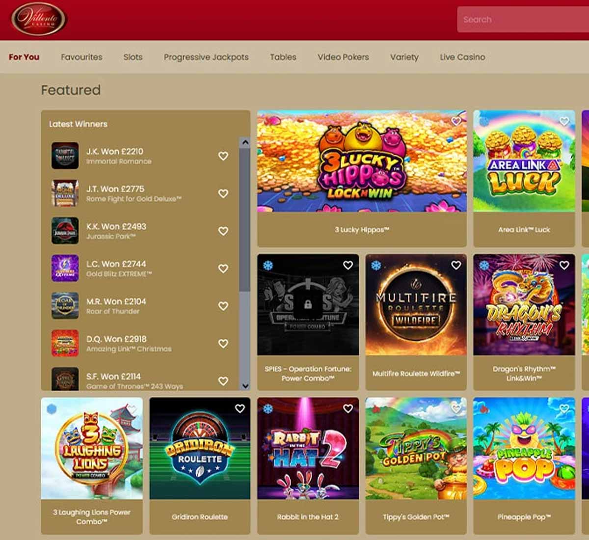 Villento Casino desktop homepage screenshot showing navigation menu, featured bingo rooms and promotional banners - tested