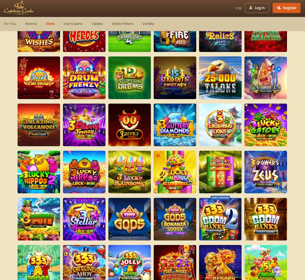 Captain Cooks Casino desktop slots screenshot showing slot game categories, featured titles and filtering options - tested