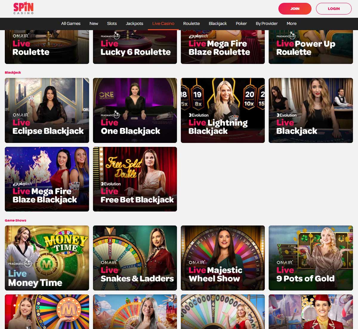 Spin Casino desktop live casino screenshot showing real-dealer tables including roulette, blackjack and baccarat with lobby navigation - tested