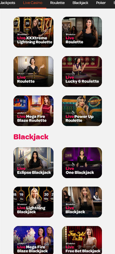 Spin Casino mobile live casino screenshot showing real-dealer tables including roulette, blackjack and baccarat on smartphone interface - tested