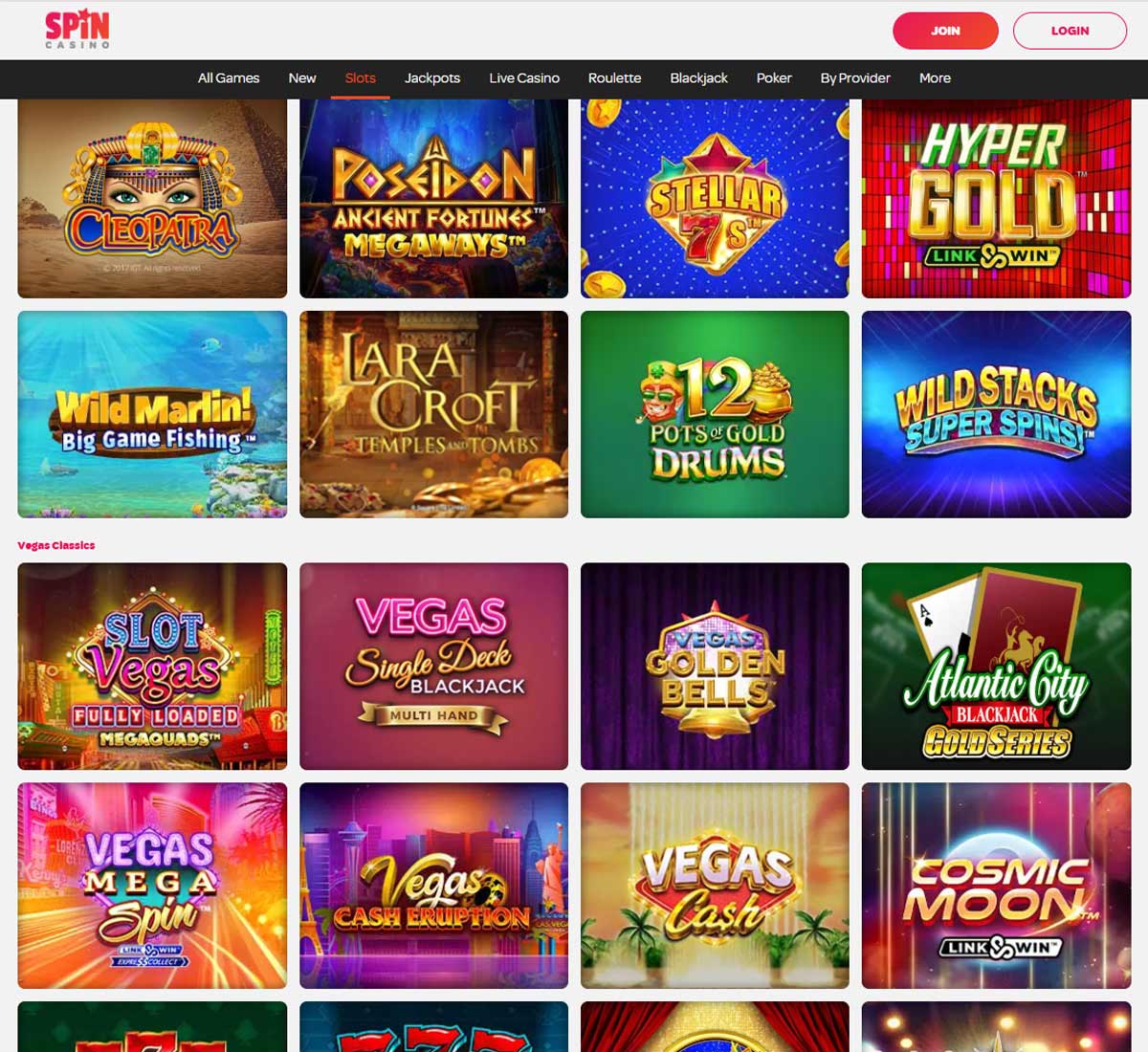 Spin Casino desktop slots screenshot showing slot game categories, featured titles and filtering options - tested