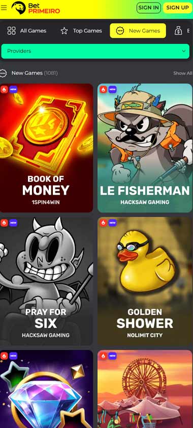 BetPRIMEIRO Casino mobile new games screenshot showing recently added titles, featured slots and game thumbnails - tested