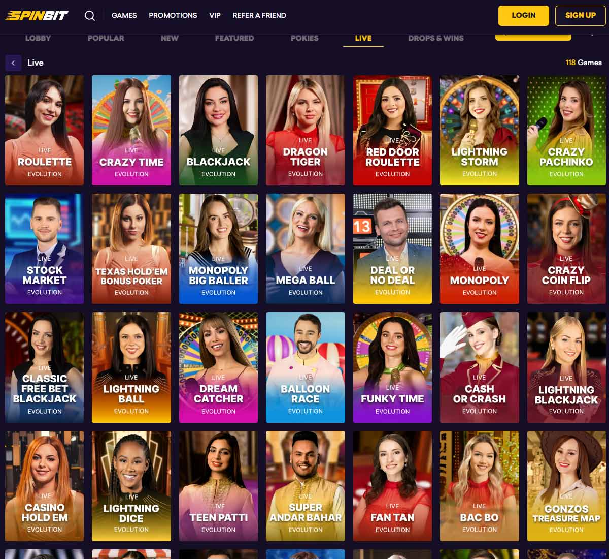 Spinbit Casino desktop live casino screenshot displaying real-dealer tables including roulette, blackjack and baccarat with lobby navigation - tested