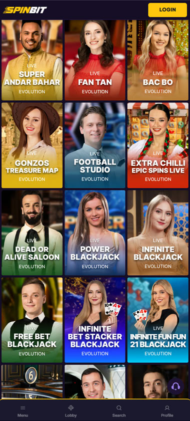 Spinbit Casino mobile live casino screenshot showing real-dealer tables including roulette and blackjack with compact lobby layout - tested