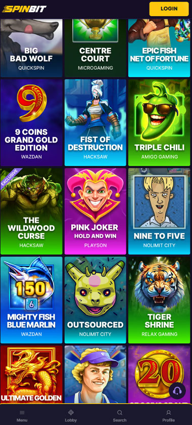 Spinbit Casino mobile slots screenshot showing slot game thumbnails, categories and mobile navigation layout - tested