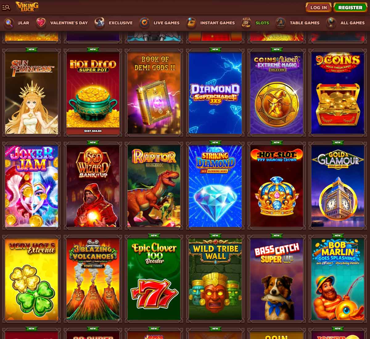 VkingLuck Casino desktop slots screenshot showing slots variety with featured games, categories and filtering options - tested
