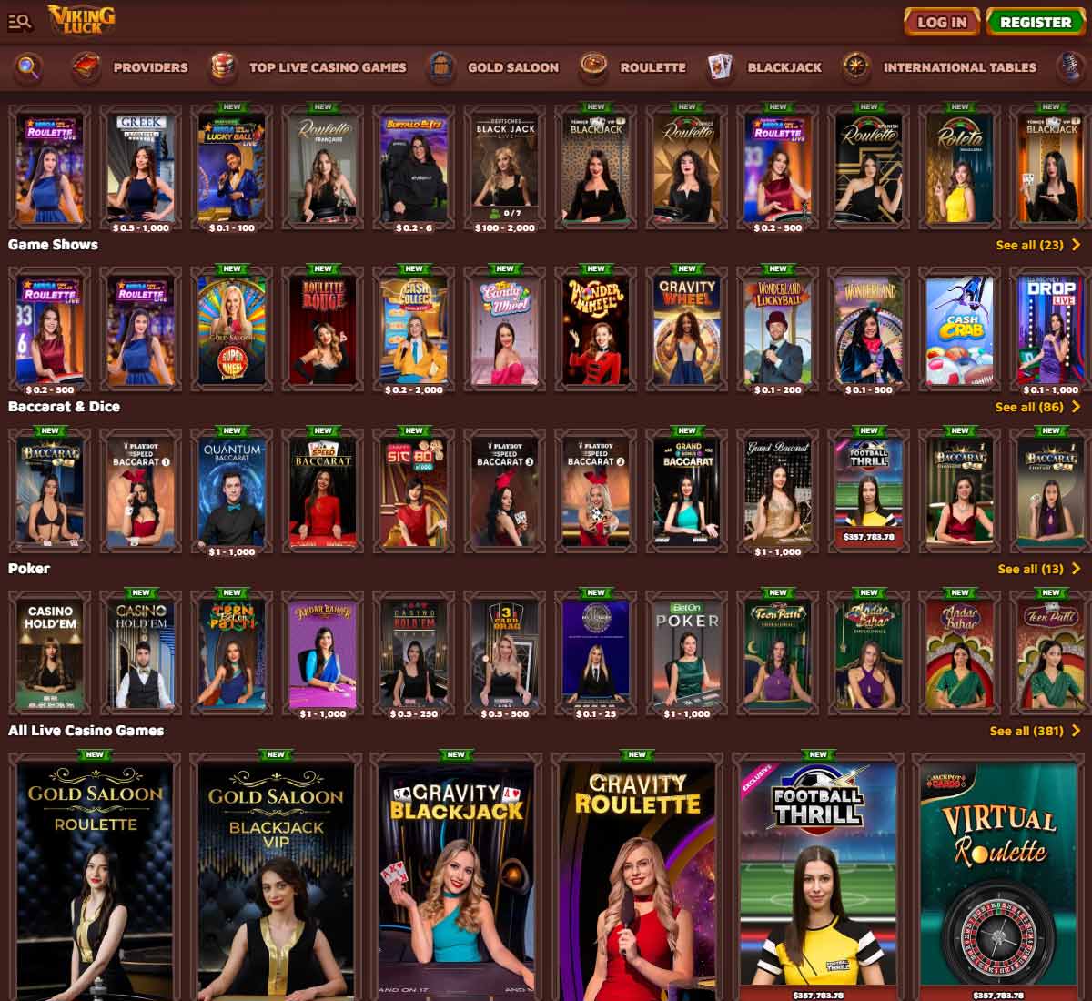 VkingLuck Casino desktop live casino screenshot displaying real-dealer tables including roulette, blackjack and baccarat with lobby navigation - tested