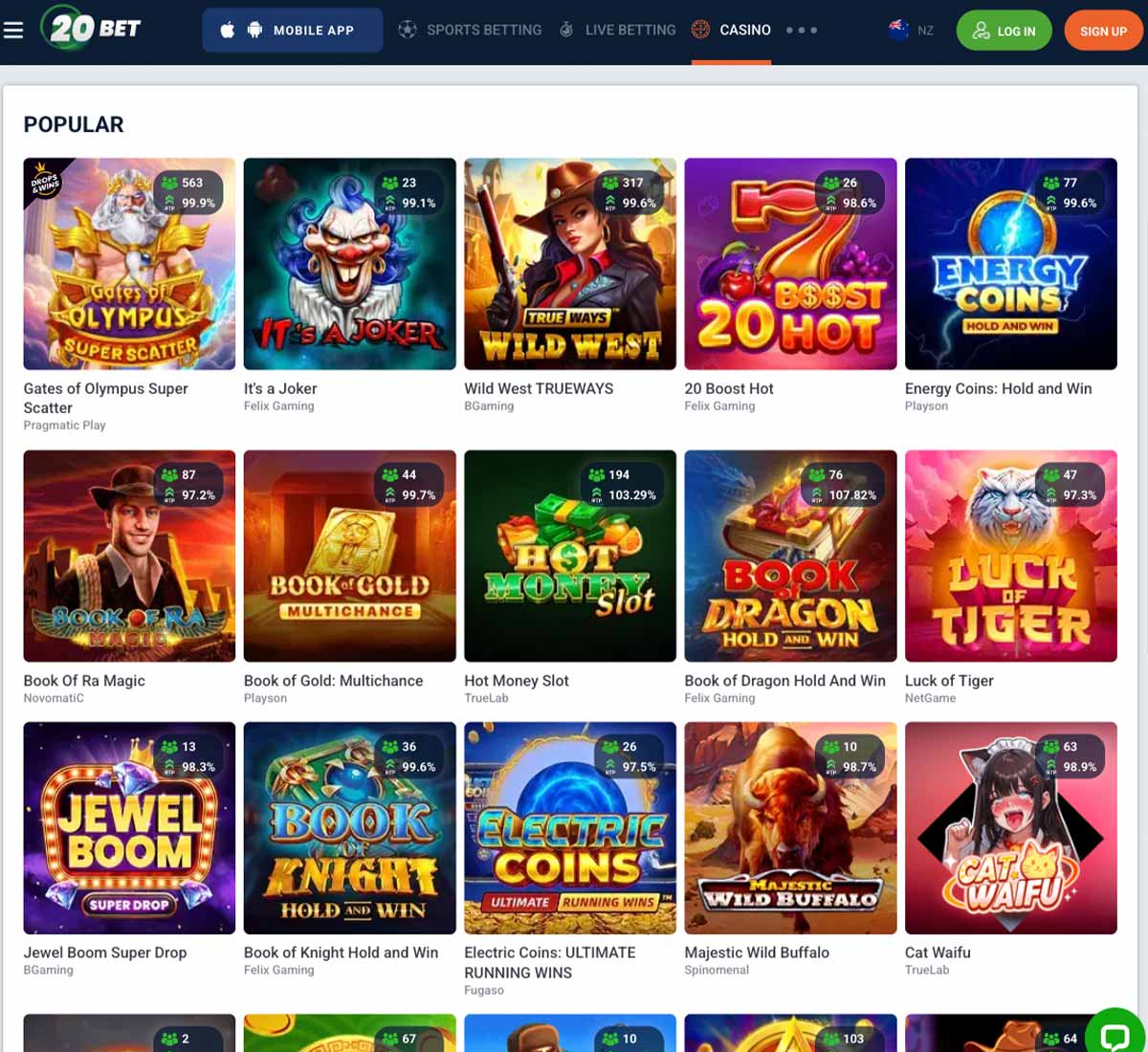20Bet Casino desktop popular games section - captured during our review 20Bet Casino desktop popular games section - captured during our review