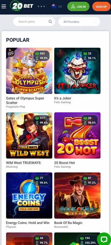 20Bet Casino mobile slots lobby - captured during our review 20Bet Casino mobile slots lobby - captured during our review