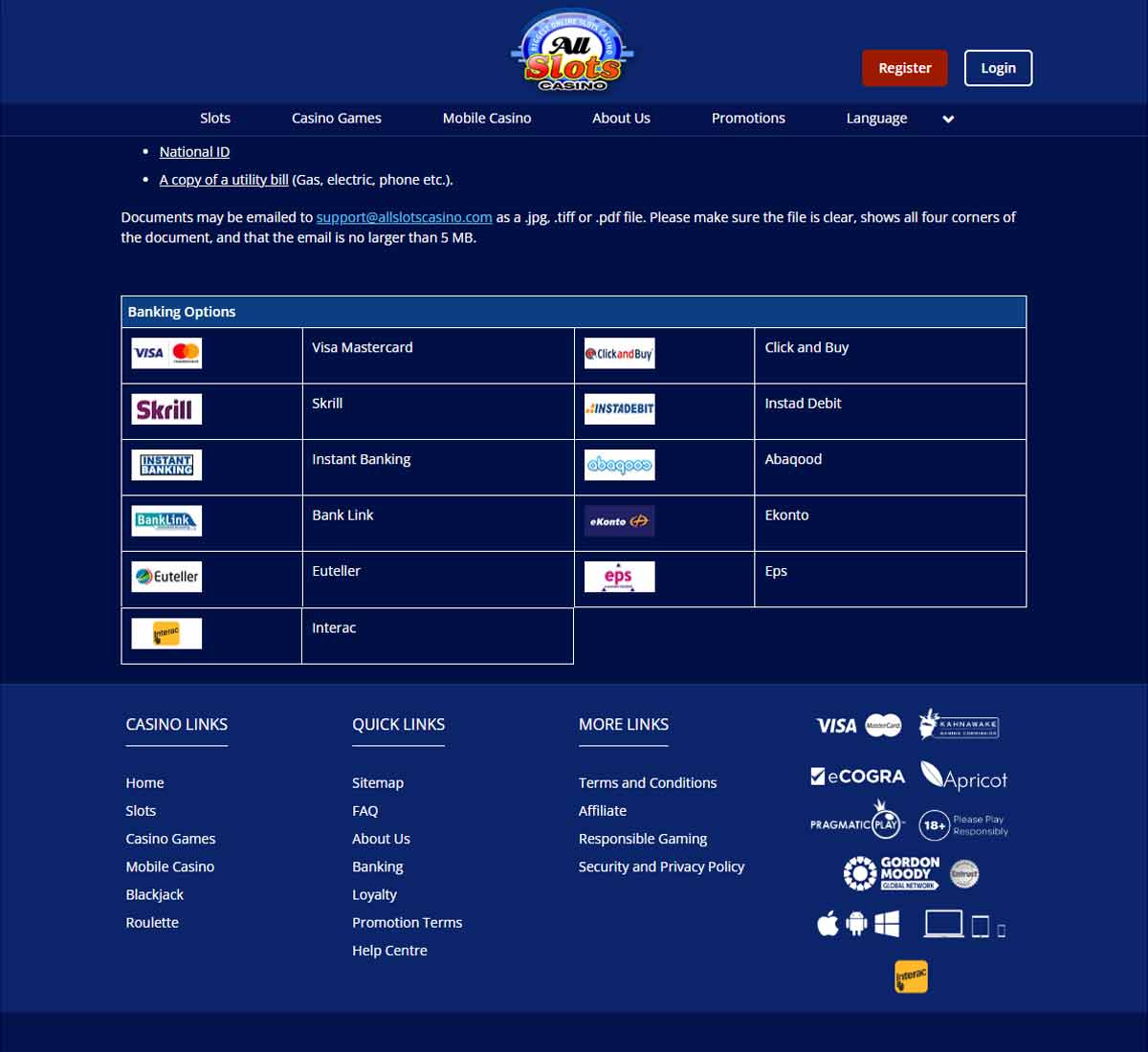 All Slots Casino desktop banking options screenshot displaying available deposit and withdrawal methods including cards, e-wallets and cryptocurrencies - tested All Slots Casino desktop banking options screenshot displaying available deposit and withdrawal methods including cards, e-wallets and cryptocurrencies - tested
