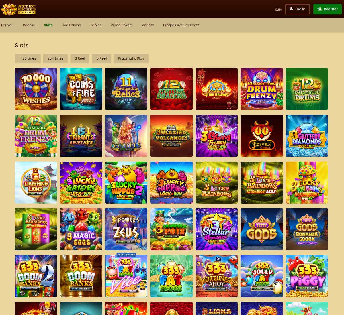 Aztec Riches Casino desktop slots variety screenshot showing multiple slot categories, featured games and provider filters - tested Aztec Riches Casino desktop slots variety screenshot showing multiple slot categories, featured games and provider filters - tested