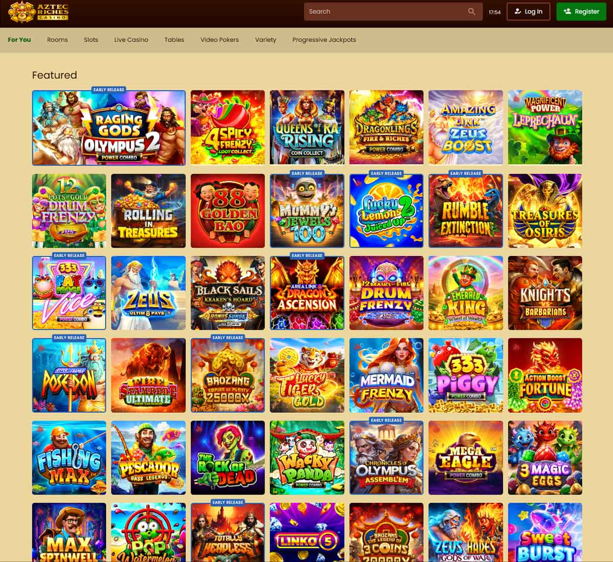 Aztec Riches Casino desktop home page screenshot showing main navigation, featured games and promotional banners - tested Aztec Riches Casino desktop home page screenshot showing main navigation, featured games and promotional banners - tested