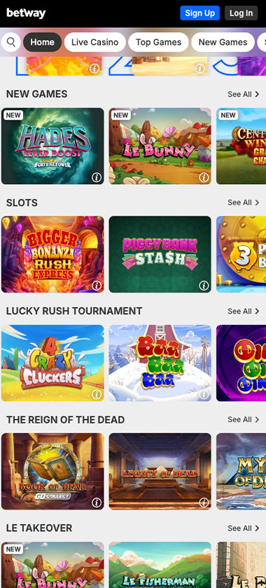 Betway Casino mobile homepage screenshot showing hero banners, navigation menu, featured games and promotional sections on smartphone interface - tested Betway Casino mobile homepage screenshot showing hero banners, navigation menu, featured games and promotional sections on smartphone interface - tested