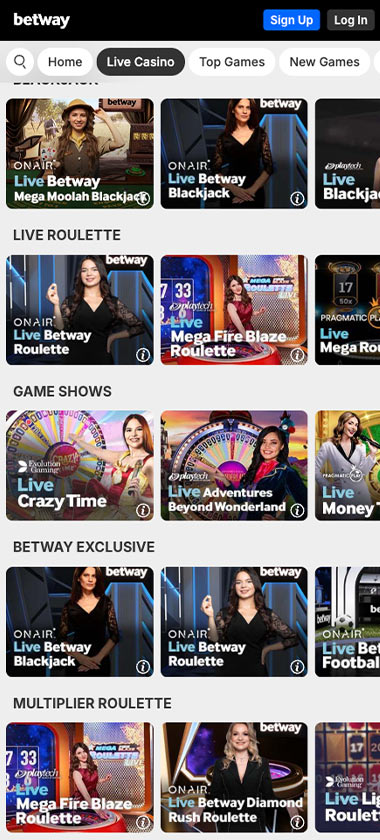 Betway Casino mobile live casino screenshot showing live dealer tables, game thumbnails and lobby interface on smartphone - tested Betway Casino mobile live casino screenshot showing live dealer tables, game thumbnails and lobby interface on smartphone - tested
