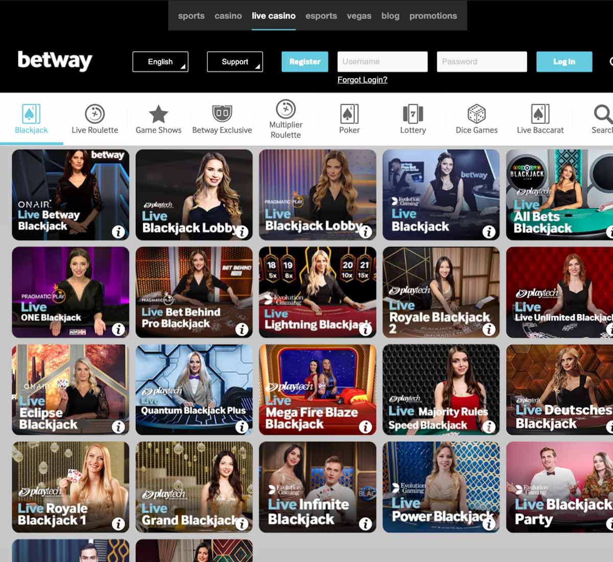 Betway Casino live casino games collection review screenshot displaying live dealer tables, game selection and categories within the live casino lobby - tested Betway Casino live casino games collection review screenshot displaying live dealer tables, game selection and categories within the live casino lobby - tested