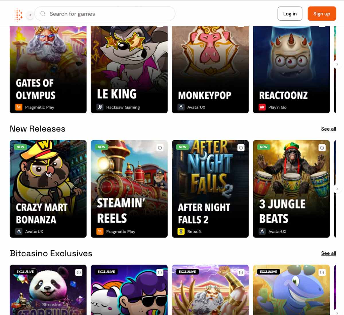 BitCasino desktop homepage screenshot showing hero banners, navigation menu, featured games and promotional sections on the main landing page - tested