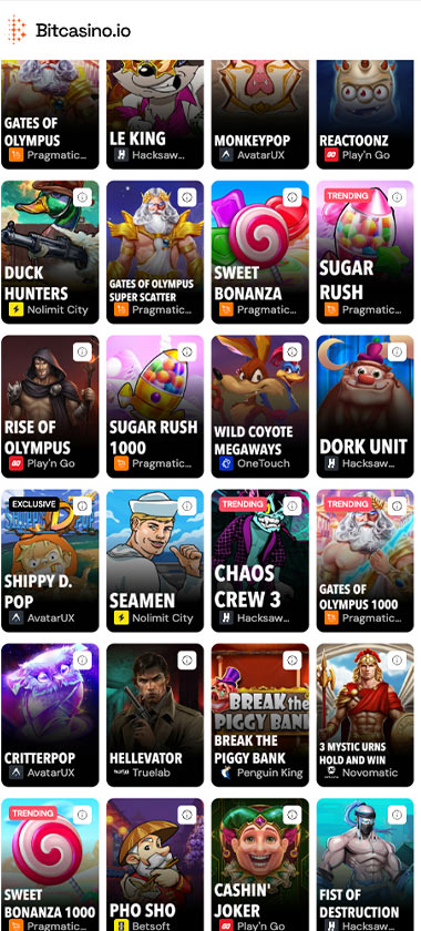 BitCasino mobile slots screenshot showing slot game library with featured titles, categories and navigation on smartphone interface - tested