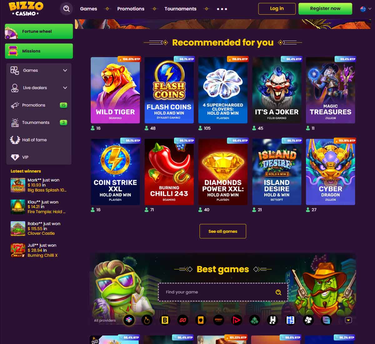 Bizzo Casino desktop homepage screenshot showing hero banners, navigation menu, featured games and promotional sections on the main landing page - tested