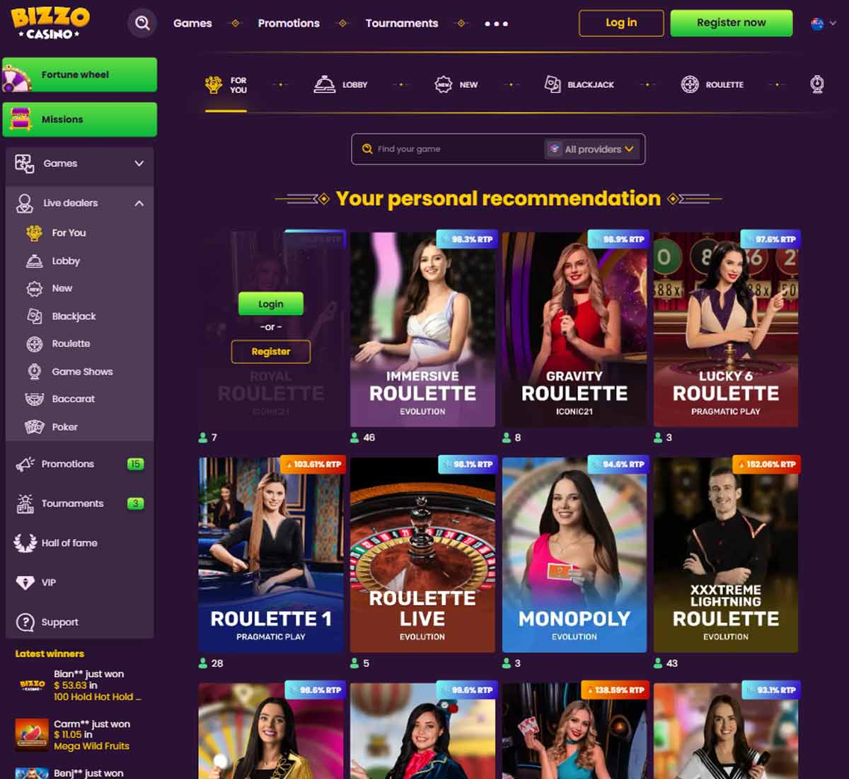 Bizzo Casino desktop live casino screenshot displaying live dealer tables, game selection and streaming interface on widescreen layout - tested Bizzo Casino desktop live casino screenshot displaying live dealer tables, game selection and streaming interface on widescreen layout - tested