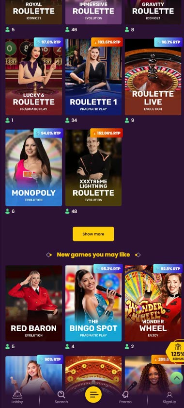 Bizzo Casino mobile live casino screenshot showing live dealer tables, game thumbnails and lobby interface on smartphone - tested