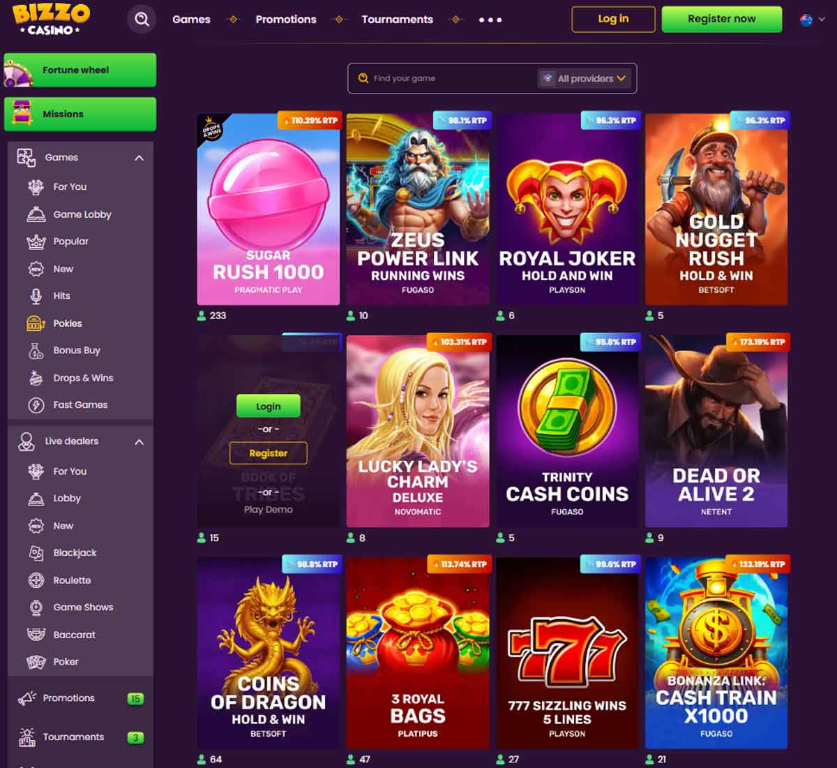 Bizzo Casino desktop slots screenshot displaying full game library with categories, featured slots and filtering options on widescreen interface - tested Bizzo Casino desktop slots screenshot displaying full game library with categories, featured slots and filtering options on widescreen interface - tested