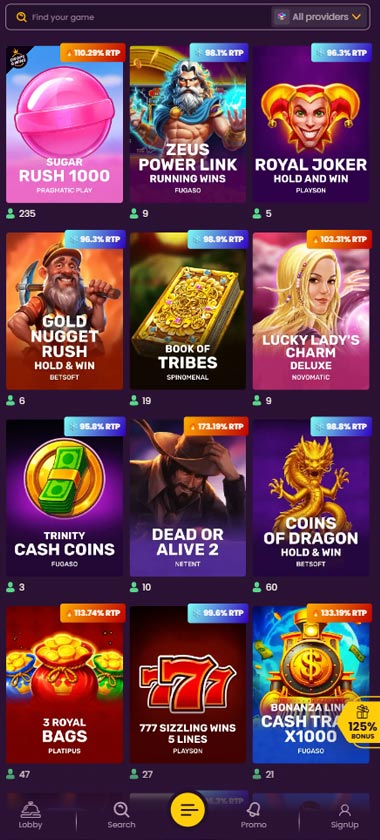 Bizzo Casino mobile slots screenshot showing slot game library with featured titles, categories and navigation on smartphone interface - tested