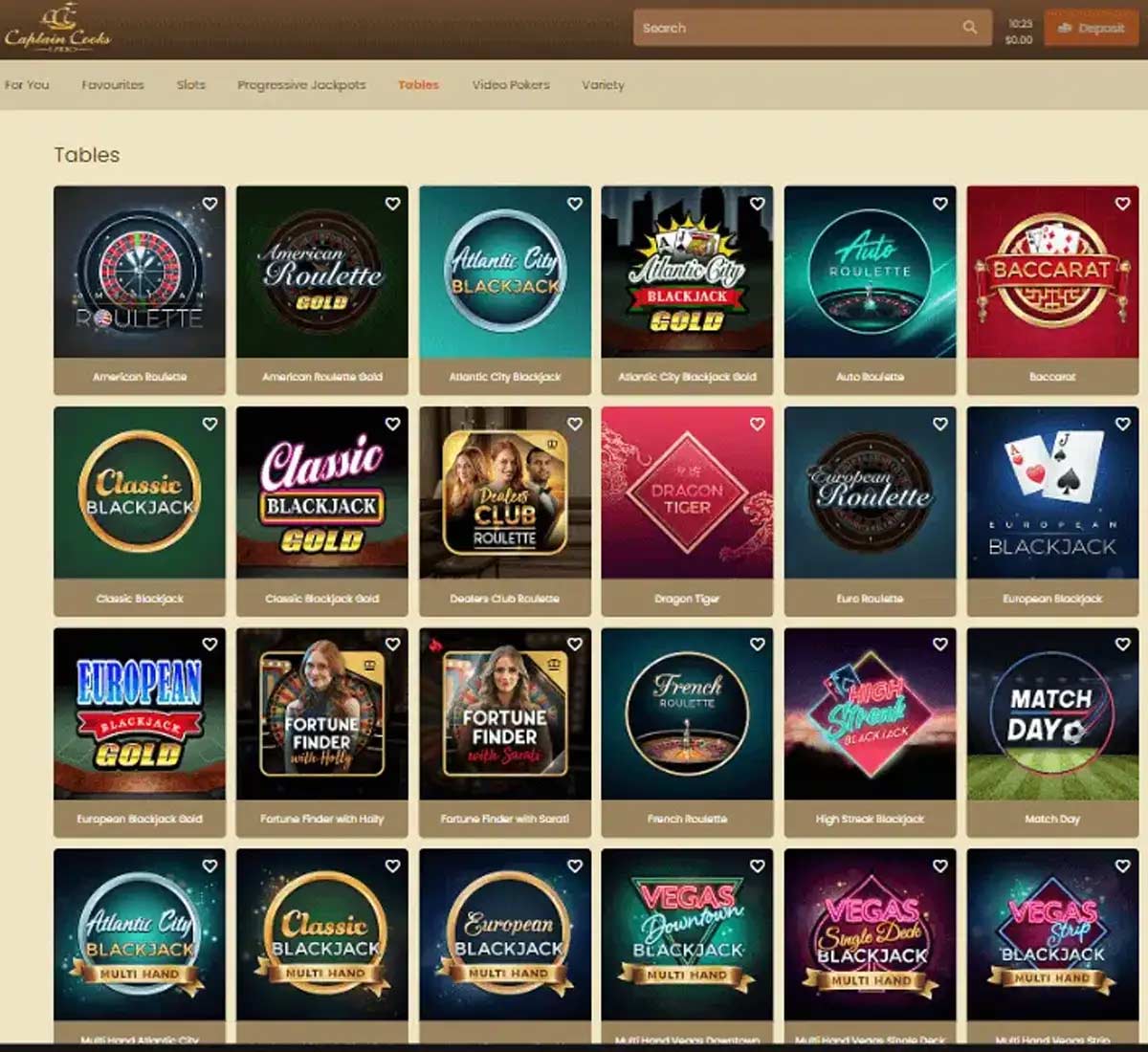 Captain Cooks Casino desktop table games collection screenshot showing various table games, categories and filtering options - tested