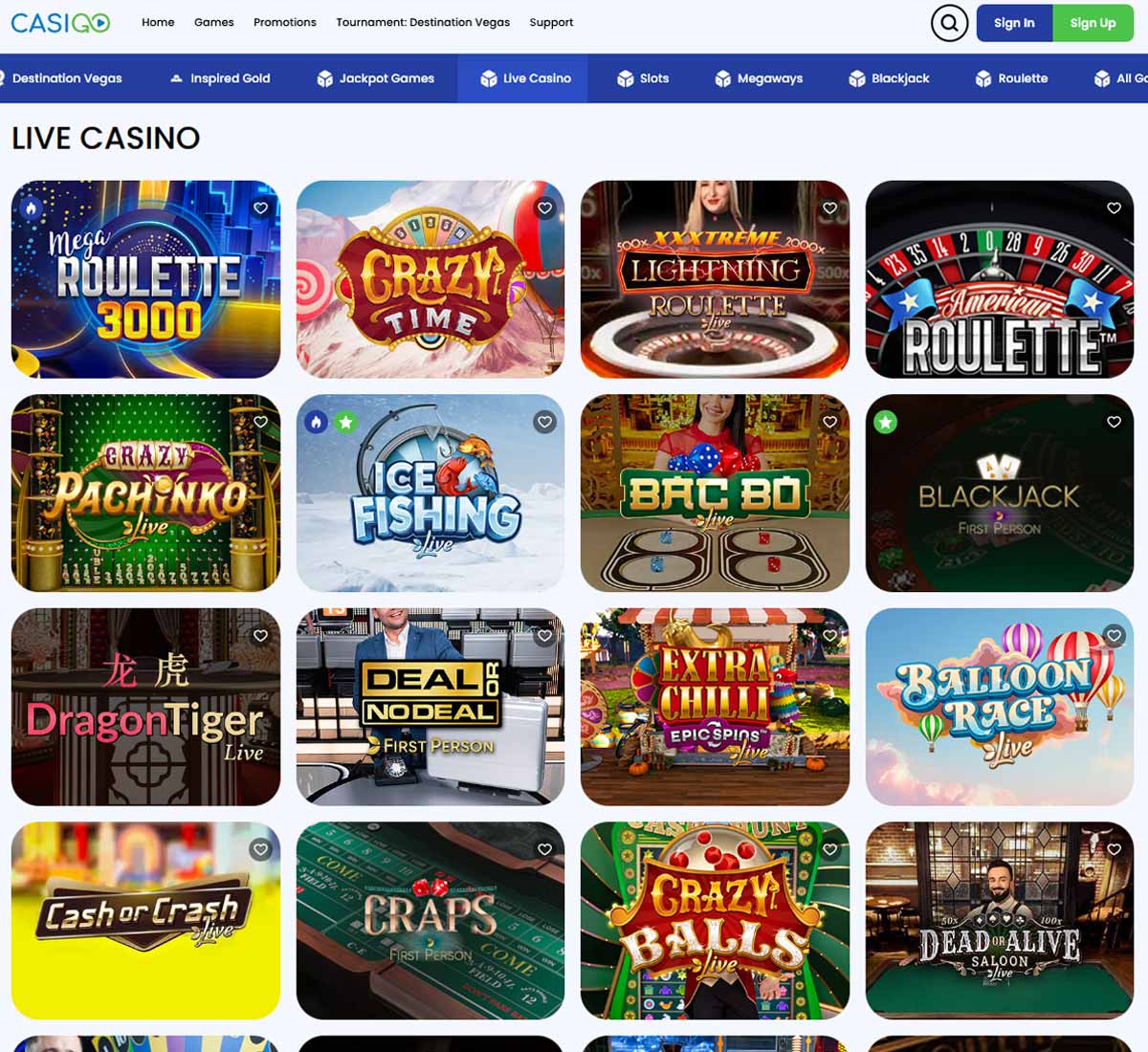 CasiGo Casino live casino games collection review screenshot displaying live dealer tables, game selection and categories within the live casino lobby on desktop interface - tested