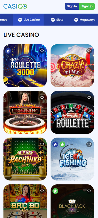 CasiGo Casino mobile live casino games review screenshot showing live dealer tables, game thumbnails and lobby interface on smartphone - tested