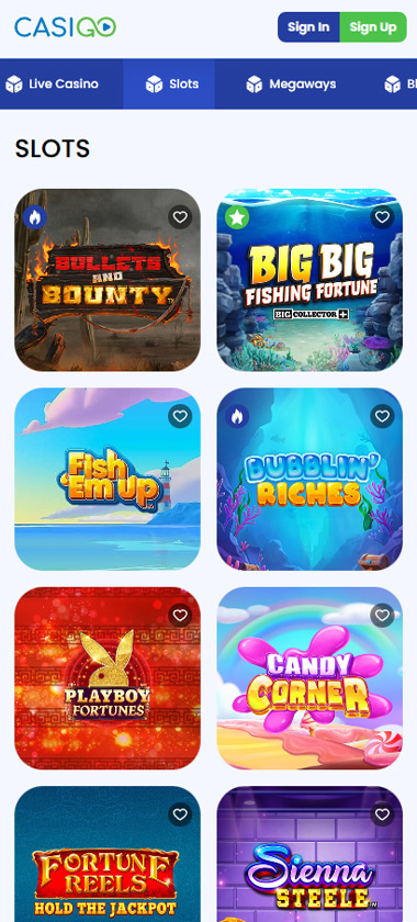 CasiGo Casino mobile slots review screenshot showing slot game library with featured titles, categories and navigation on smartphone interface - tested