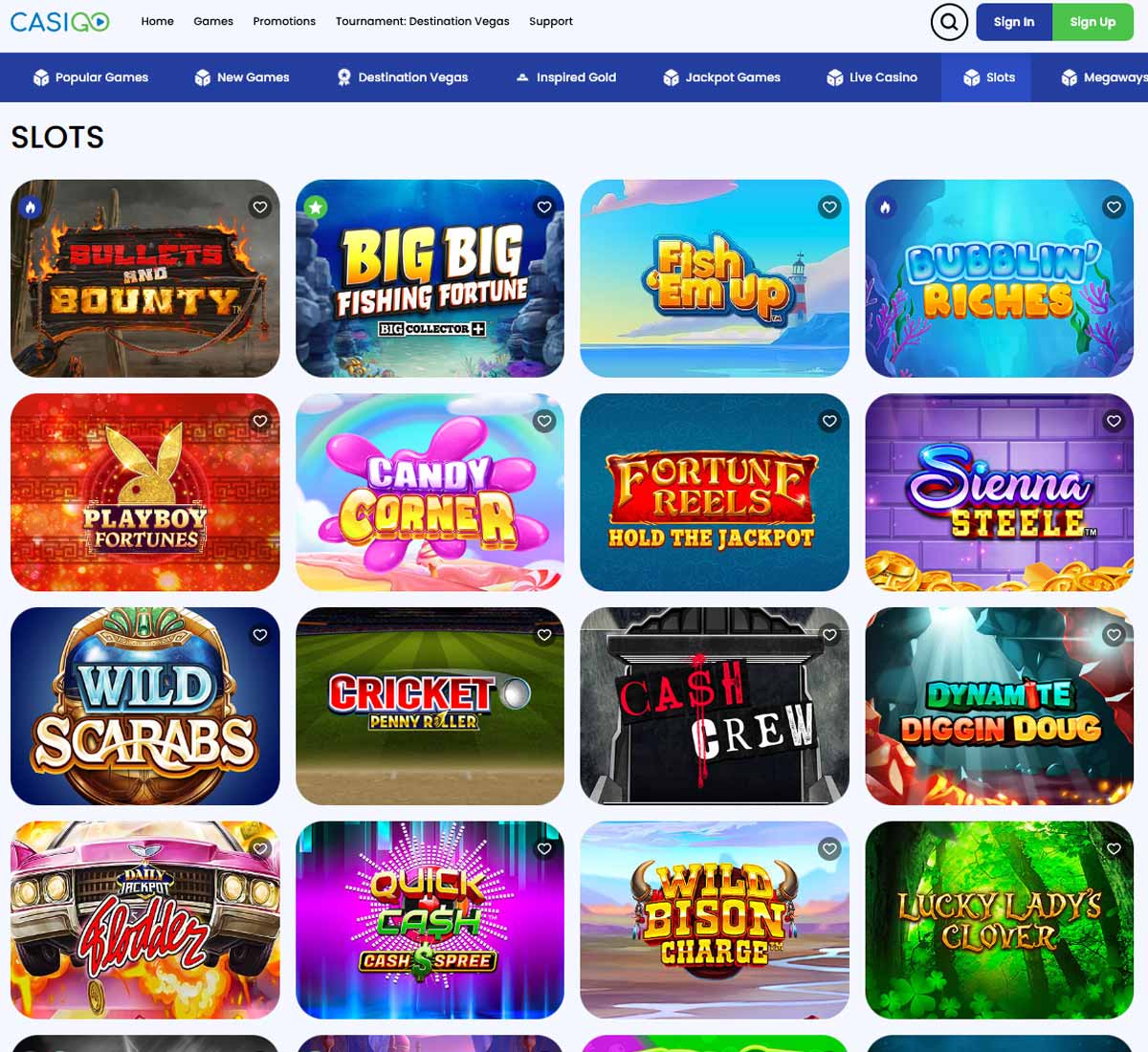 CasiGo Casino slots variety review screenshot showing diverse slot game selection with categories, featured titles and game thumbnails on desktop interface - tested