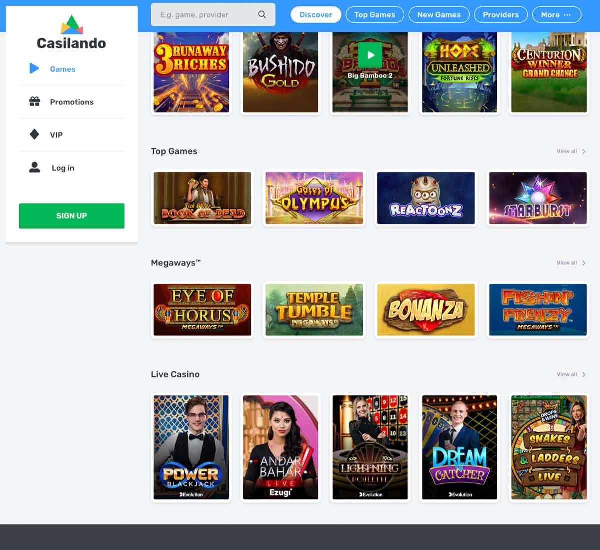 Casilando Casino desktop homepage screenshot showing hero banners, navigation menu, featured games and promotional sections on the main landing page - tested