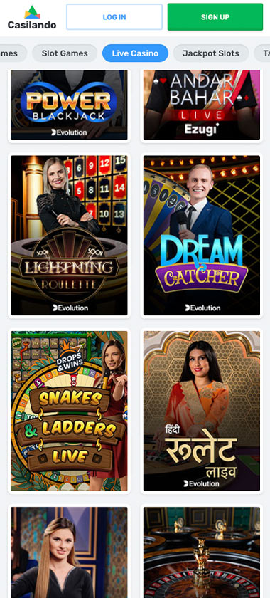 Casilando Casino mobile live casino screenshot showing live dealer tables, game thumbnails and lobby interface on smartphone - tested
