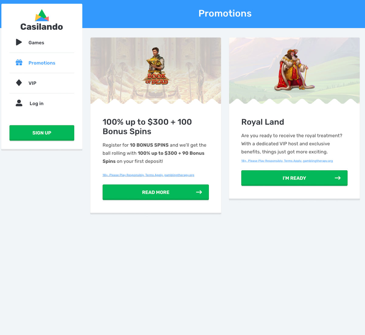 Casilando Casino desktop promotions screenshot displaying active bonuses, promotional banners and special offers across the promotions page - tested